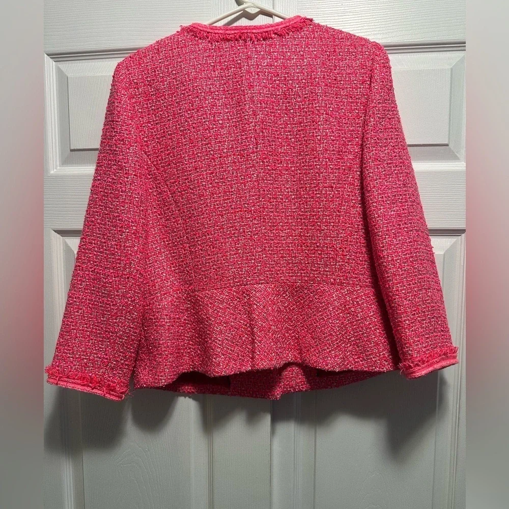 Talbots TWEED PEPLUM JACKET Blazer Hot Pink Sz 14P Fringe - Picture 2 of 4